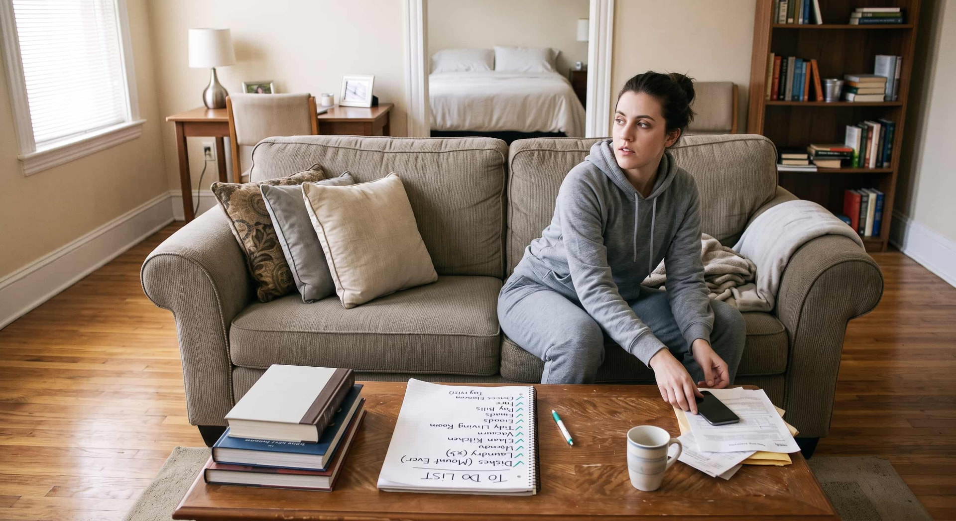 The same person sitting ready in a tidier room after using Lunaticks